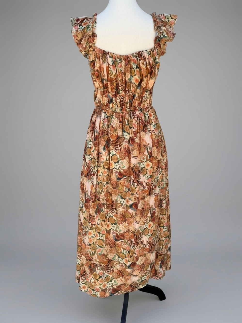 En Saison Floral Ruffled Sleeve Midi Dress in Warm Autumn Tones - Picture 2 of 6